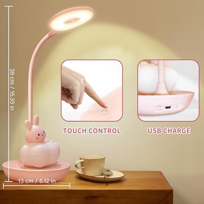 Kids Desk Lamp Pink, Dimming Desk Lamp for Girls with Exclusive Cartoon Look, Cute Night Light for Kids Bedroom, Eye-Caring LED Portable Reading Lamp for Child, Unique Gift (Pink Rabbit)