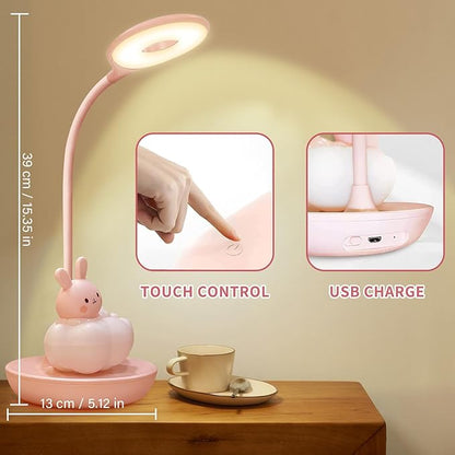 Kids Desk Lamp Pink, Dimming Desk Lamp for Girls with Exclusive Cartoon Look, Cute Night Light for Kids Bedroom, Eye-Caring LED Portable Reading Lamp for Child, Unique Gift (Pink Rabbit)