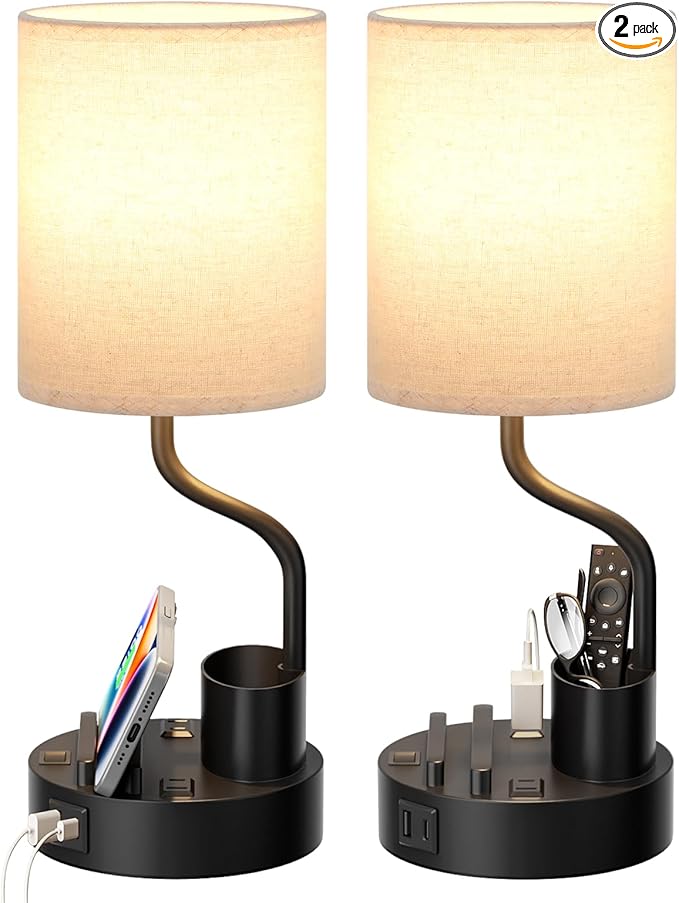 Fenmzee Bedside Lamps for Bedroom Set of 2 - Table Desk Lamp for Nightstand | 15" Table Lamp for Living Room with Pen Holder & Phone Stand, USB A+C Port, AC Outlet, 3 Color Temperature, LED Bulb Included