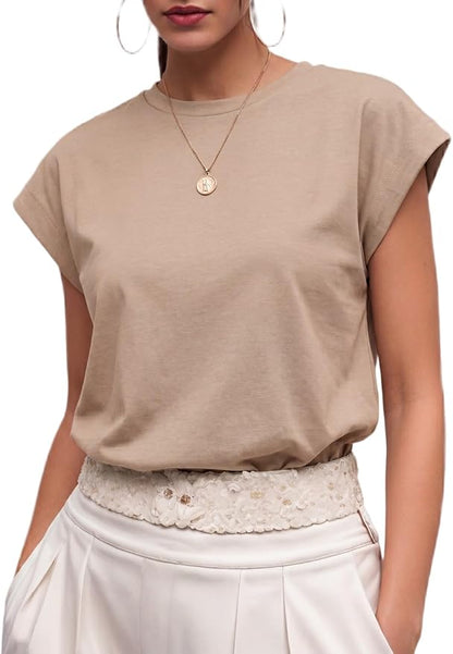 GRECERELLE Womens Summer Tops Cap Sleeve Crew Neck Basic T-Shirt | Everyday Casual Wear, Layering Friendly, Wrinkle-Resistant, Business Casual Ready, Lightweight & Packable, Capsule Wardrobe