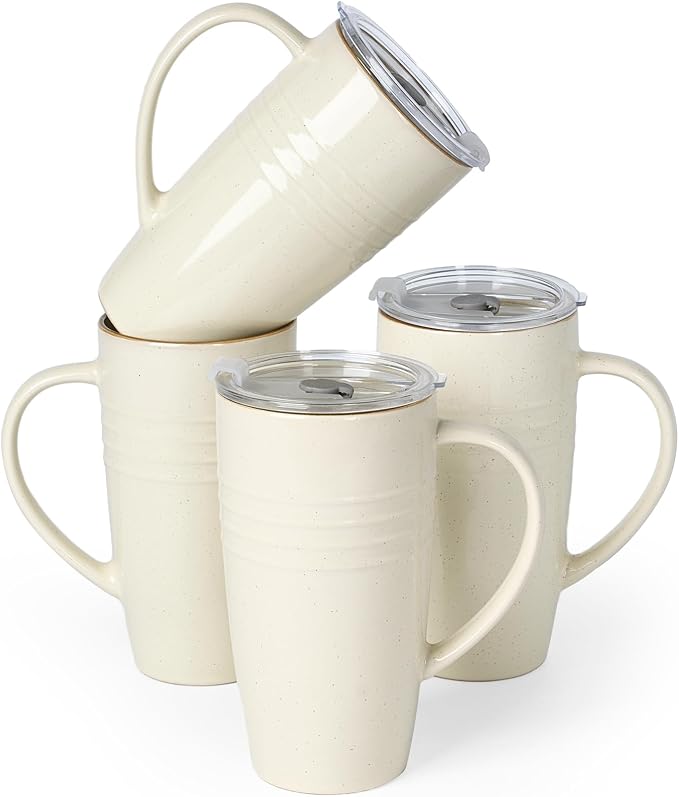 famiware Jupiter Large Coffee Mug, 20oz Coffee Mug with Lid, Ceramic Mugs Set of 4, Cup Set with Handle for Latte, Tea, Cocoa, Milk, Home & Office, Microwave and Dishwasher Safe, Vanilla White