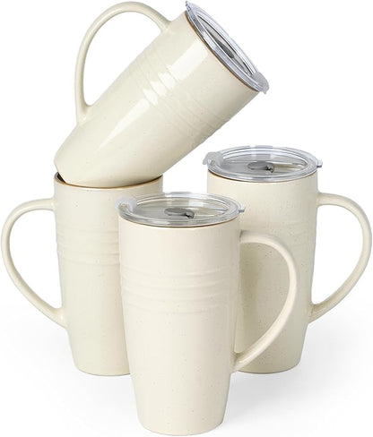 famiware Jupiter Large Coffee Mug, 20oz Coffee Mug with Lid, Ceramic Mugs Set of 4, Cup Set with Handle for Latte, Tea, Cocoa, Milk, Home & Office, Microwave and Dishwasher Safe, Vanilla White