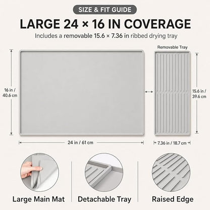 Silicone Coffee Mat 24 x 16 in with Tray, Minimal Light Gray | Coffee bar mat for countertop use, coffee station mat or coffee machine mat with removable tray and 0.47 in raised rim.