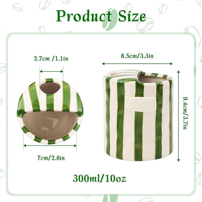 Ceramic Coffee Mug with Sip Hole 10oz Cute Espresso Cup | Unique Hand-Drawn Green and White Striped Design, Microwave and Dishwasher Safe, for Kitchen Dining, Office, Holiday Gift