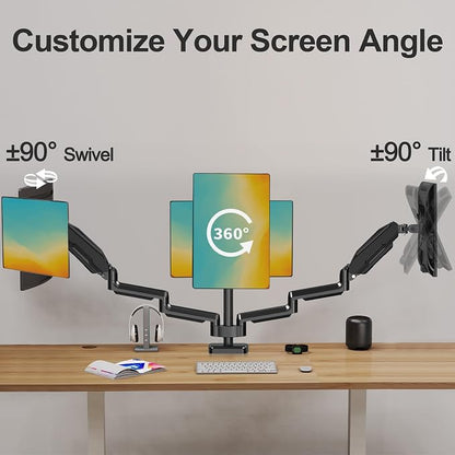 MOUNT PRO Triple Monitor Mount, 3 Monitor Desk Mount for Three Screens up to 32 Inch, Full Motion Gas Spring Heavy Duty Arm Hold up to 19.8lbs Each, Black