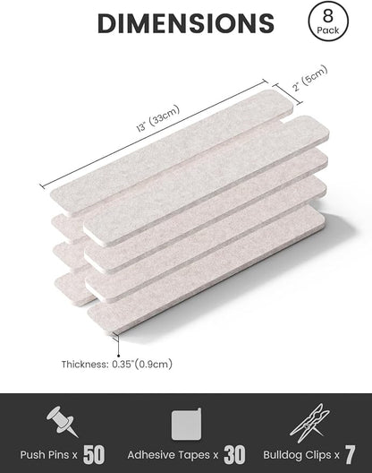 Fluxynara 13" x 2" Felt Wall Panels, Oatmeal | 8-Pack Includes 50 Push Pins and Adhesive Tabs for Photos, Notes and Decor in Bedroom Doors, Home Office or Studios