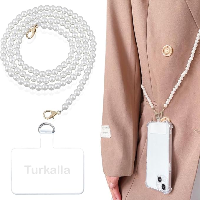 Phone Chain Crossbody Pearl Strap, Pearl Beaded Chain Shoulder Crossbody Lanyard with Phone Tether Patches Compatible with Most Phones Bag Purse