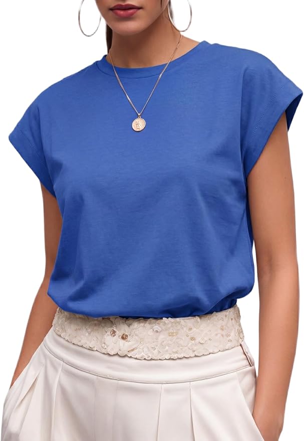 GRECERELLE Womens Summer Tops Cap Sleeve Crew Neck Basic T-Shirt | Everyday Casual Wear, Layering Friendly, Wrinkle-Resistant, Business Casual Ready, Lightweight & Packable, Capsule Wardrobe