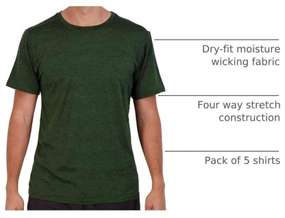 5 Pack Men's Dry Fit Short Sleeve T-Shirt Gym Workout Athletic Running Tee | Cooling, Moisture-Wicking, Crew Neck, Quick-Dry, Breathable, Active, Exercise, Fitness, Basketball, Cycling, Hiking, Tennis