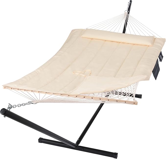 SUNCREAT Two Person Hammock with 12ft Stand Included, Max 475lbs Capacity, Heavy Duty Free Standing Hammock, Beige