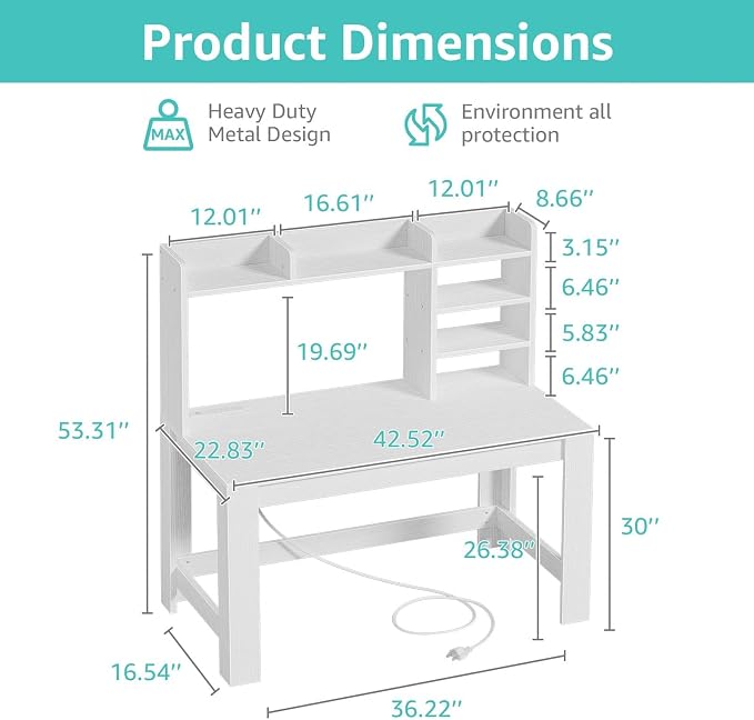 WINAZ White Desk with Hutch and Power Outlet, 43 Inch Small Space Computer Writing Desk with Storage Shelves, Modern Home Office Workstation for Bedroom Dorm