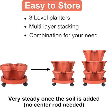 DUNCHATY Stackable Planters 3 Tier Vertical Garden Planting Tower Planters Strawberry, Herb, Flower, and Vegetable Planter Indoor Outdoor Gardening Pots with Removable Wheels and Tools, 2 Bundle