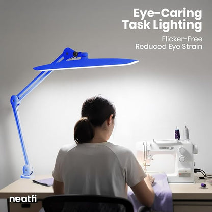 Neatfi XL 2200 Lumens 24W LED Desk Lamp – Shadow-Free Task Lighting | 4-Level Dimming | Home Office & Crafts Use | 20-Inch Wide Head (Sapphire Blue, Non-CCT with Clamp)
