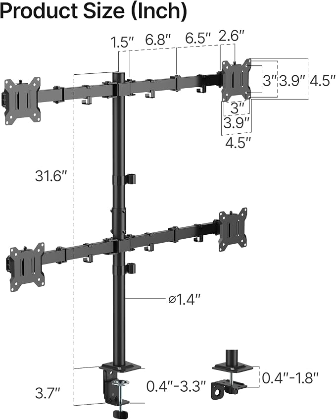 monTEK Quad Monitor Stand for Four 17-32" Screens, 22 lbs Each | Four-screen desk mount, height adjustment, tilt, swivel, rotation, clamp/grommet bases and VESA 75/100
