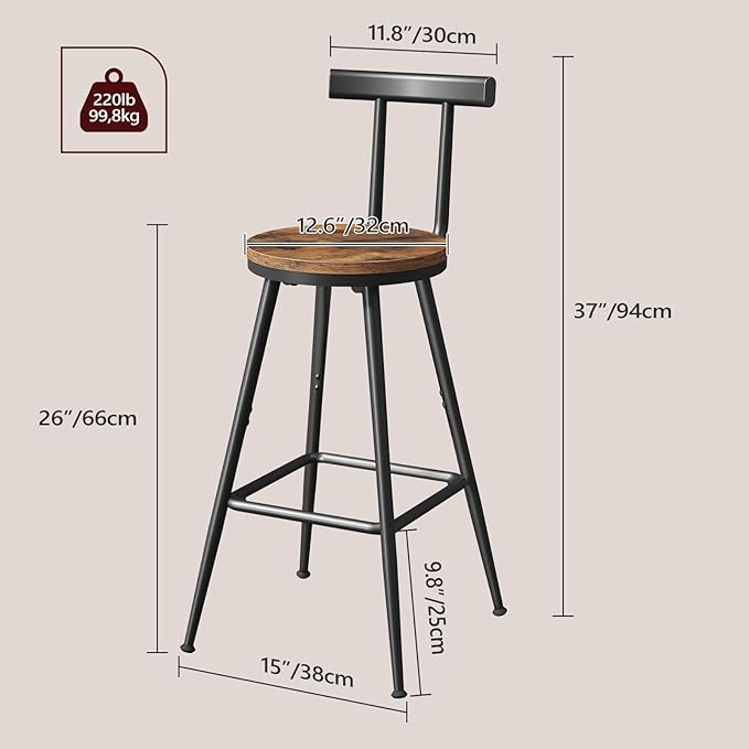 Bar Stools, Set of 2 Bar Chairs with Backrest and Footrest, 26" Tall Counter Stools, Metal Frame, Adjustable Feet, Easy Assembly, for Kitchen, Living Room, Pub, Rustic Brown BAHR6001