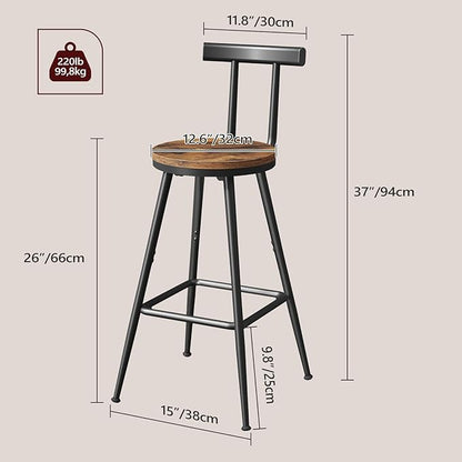 Bar Stools, Set of 2 Bar Chairs with Backrest and Footrest, 26" Tall Counter Stools, Metal Frame, Adjustable Feet, Easy Assembly, for Kitchen, Living Room, Pub, Rustic Brown BAHR6001