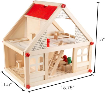 HEY! PLAY! Dollhouse for Kids – Classic Pretend Play 2 Story Wood Playset with Furniture Accessories and Dolls for Toddlers, Boys and Girls