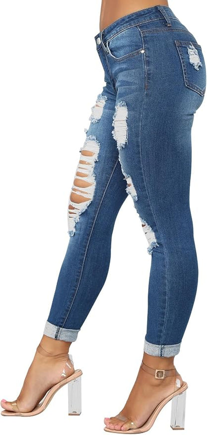 KUNMI Women's Skinny Ripped Trendy Jeans Distressed Stretchy Denim Pants