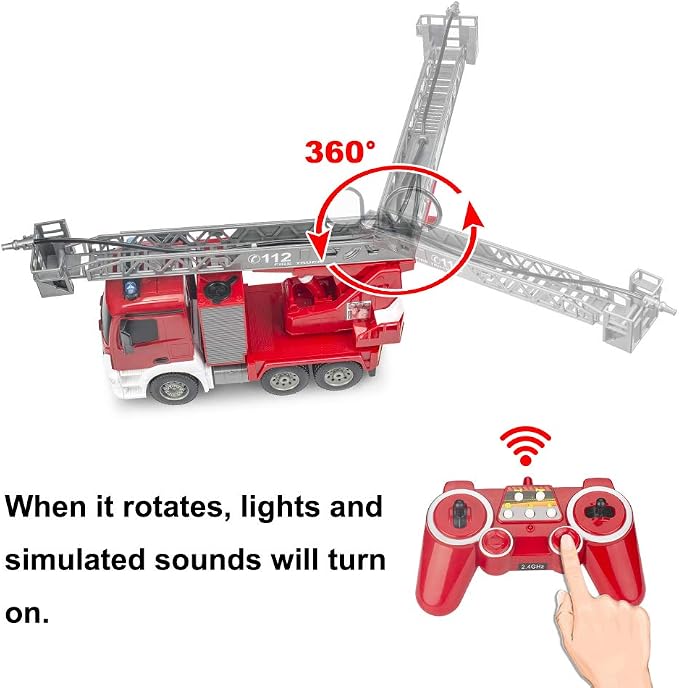 Benz Licensed Remote Control Fire Truck, RC Fire Truck Toy, Rechargeable Construction Truck Toys with Alarm Lights, Hose, Working Water Pump and Rotating Rescue Ladder Fire Truck Toys Gift for Kids