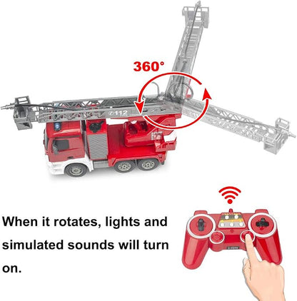 Benz Licensed Remote Control Fire Truck, RC Fire Truck Toy, Rechargeable Construction Truck Toys with Alarm Lights, Hose, Working Water Pump and Rotating Rescue Ladder Fire Truck Toys Gift for Kids