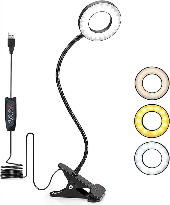 Foneso Desk Lamp Clip on Light, 48 LED USB Lamp with 3 Color Modes 10 Brightness Levels, 360° Flexible Gooseneck Eye Protection Bed Night Light for Reading, Makeup, Fill Light (Black)