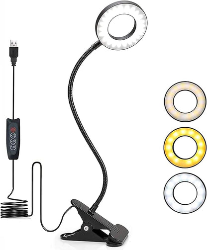 Foneso Desk Lamp Clip on Light, 48 LED USB Lamp with 3 Color Modes 10 Brightness Levels, 360° Flexible Gooseneck Eye Protection Bed Night Light for Reading, Makeup, Fill Light (Black)