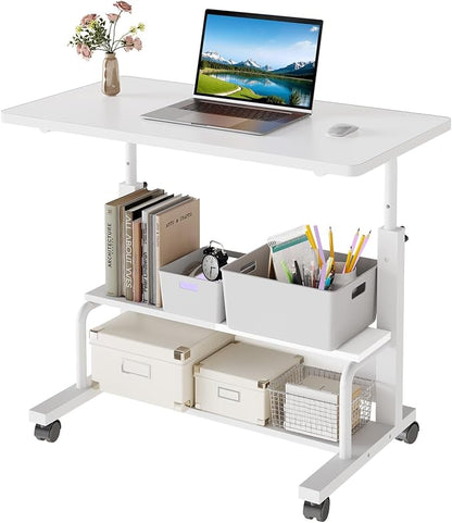 OLIXIS Rolling Desk, Storage Shelves, Laptop Table, Home Office | Height Adjustable Design, Computer Desks on Wheels, Portable for Small Spaces Use, White