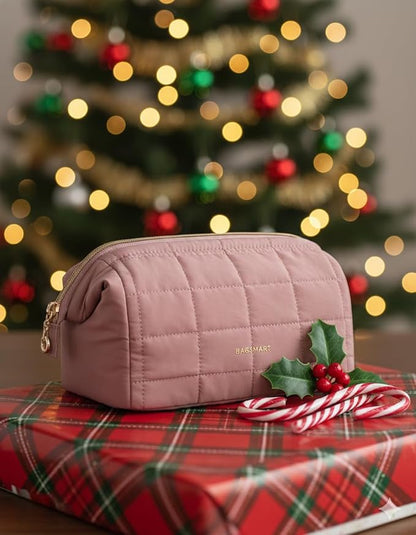 BAGSMART Makeup Bag Travel Toiletry Bag, Wide-open Zipper Pouch, Dark Pink | Puffy Padded, Travel Essentials, Make Up Bag, For Women, Makeup Organizer, Toiletries Accessories Brushes
