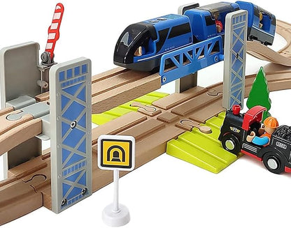 Lift Bridge Wooden Crane Toy Set with Train Cars - Compatible with Major Wooden Rail Brands - Ages 3-5