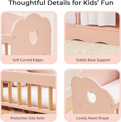 OOOK Baby Doll Crib, Wooden Baby Doll Bed and Changing Table, Dollhouse Furniture with Two Storage Box, Bedding and Coat Hangers, Nursery Playset Suitable for Dolls Under 22 Inches, Pink