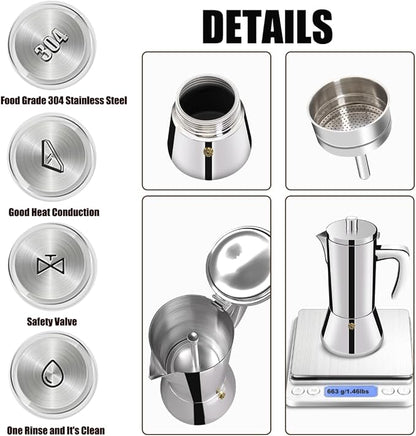 4 Cup Thickened 304 Stainless Steel Moka Pot Stovetop Espresso Maker Cafeteras Italian Percolator Espress Makers Capable Greca Mocha Coffee Machine for Induction Home and Camping 200ml 6.6oz