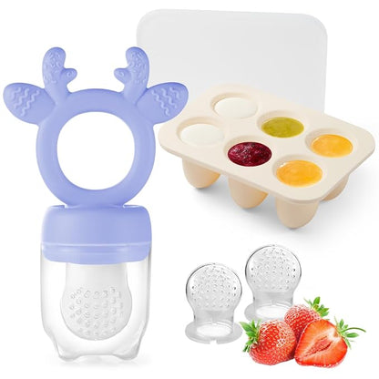 Baby Fruit Food Feeder Teether with Popsicle Molds, Cute Teething Toys Silicone Teethers for Babies 3-12 Months for Baby Feeding Gift