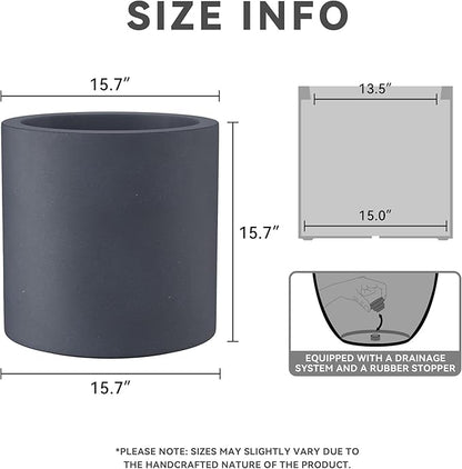 Kante 15.7" Dia Round Concrete Planter, Modern Style Large Cylindrical Plant Pot with Drainage Hole and Rubber Plug for Indoor Outdoor Patio, Charcoal