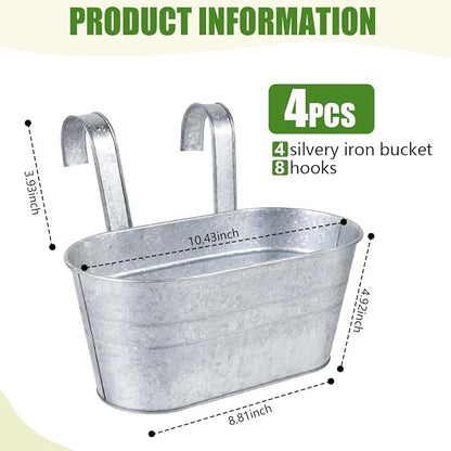 OBTANIM 4 Pack Metal Hanging Flower Pots Iron Railing Planter Outdoor Fence Hanging Pots Bucket Plant Holder with Detachable Hooks Drain Holes for Home Garden Yard Decor (Silvery)