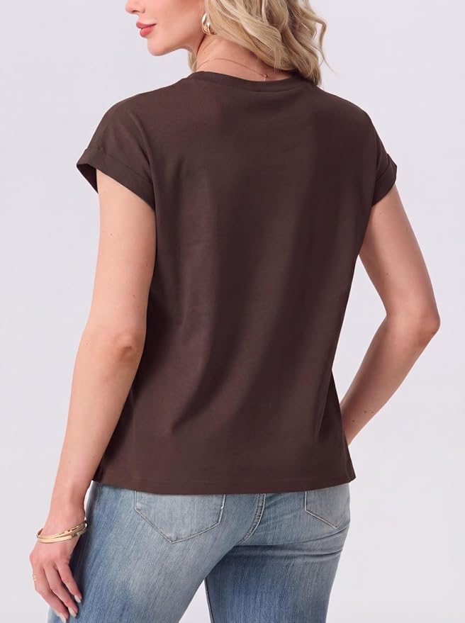 GRECERELLE Womens Summer Tops Cap Sleeve Crew Neck Basic T-Shirt | Everyday Casual Wear, Layering Friendly, Wrinkle-Resistant, Business Casual Ready, Lightweight & Packable, Capsule Wardrobe