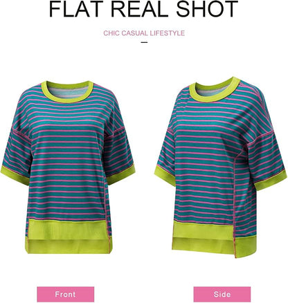 SHEWIN Womens Tops Casual Short Sleeve Sweatshirt Crewneck Striped Shirt Pullover T Shirts Loose Blouses