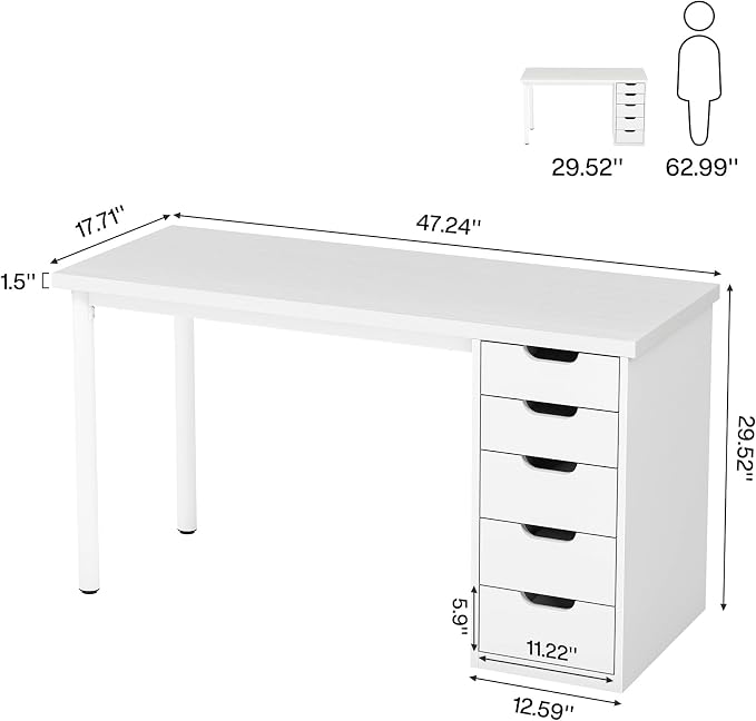 Tribesigns Computer Desk with 5 Drawers, 47 inches Rustic Brown Home Office Desk with Storage, Modern Simple Laptop Desk Study Writing Table for Small Spaces (1, White)
