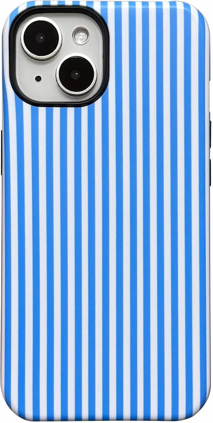 for iPhone 15 Case Striped Cute Aesthetics Phone Case Trendy Protective Shockproof Cover for iPhone 15 Blue White