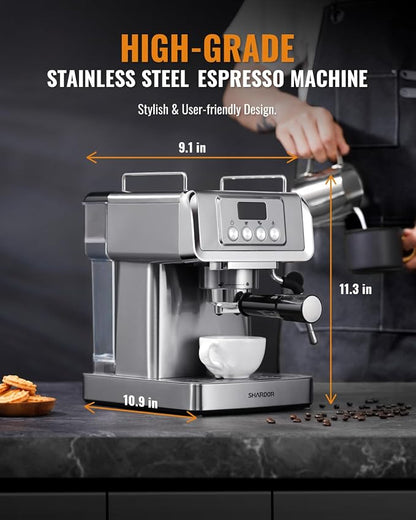 SHARDOR 20 Bar Espresso Machine for Home, Espresso Coffee Maker with Temp Display, Expresso Machine with Steam Milk Frother for Latte & Cappuccino, 60oz Water Reservoir, Stainless Steel, 1350W