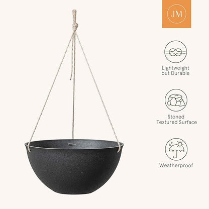LA JOLIE MUSE Hanging Planters for Outdoor Plants, Large Hanging Planter with Drain Holes, Black Hanging Flower Pots (13.2 Inch, Set of 2)