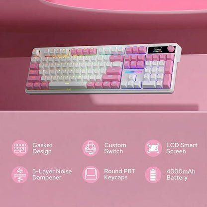 Redragon K762 PRO Wireless 104-Key Gasket Gaming Keyboard, Screen & Knob | Easy-Control LED Info Display, 0-Delay Tri-Mode, Cushioned 5-Layer Noise Dampening for Creamy Thocky Sound, Full-Size 104-Key
