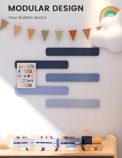 Fluxynara 13" x 2" Felt Wall Panels, Denim Mist | 5-Pack Cork Board Alternative with 35 Push Pins, Adhesive Mounting for Bedroom Door or Home Office