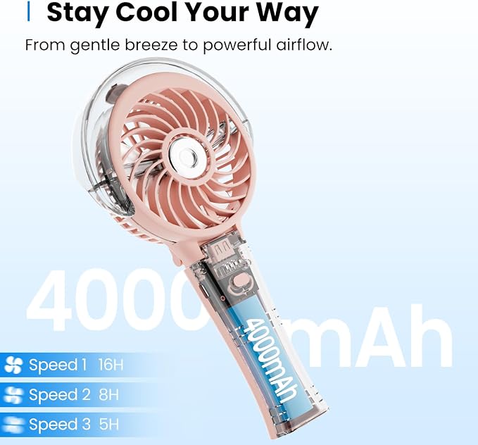 KIBEE Portable Misting Fan, 4000mAh Rechargeable Handheld Fan with 50ml Water Tank, Foldable 180° Mini Fan with Mist Spray, 3-Speed Personal Cooling Fan for Travel, Makeup, Concerts, Outdoor Use, Pink