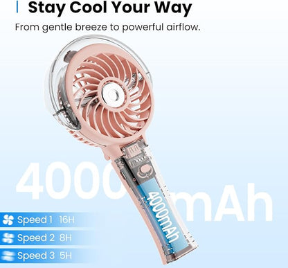KIBEE Portable Misting Fan, 4000mAh Rechargeable Handheld Fan with 50ml Water Tank, Foldable 180° Mini Fan with Mist Spray, 3-Speed Personal Cooling Fan for Travel, Makeup, Concerts, Outdoor Use, Pink
