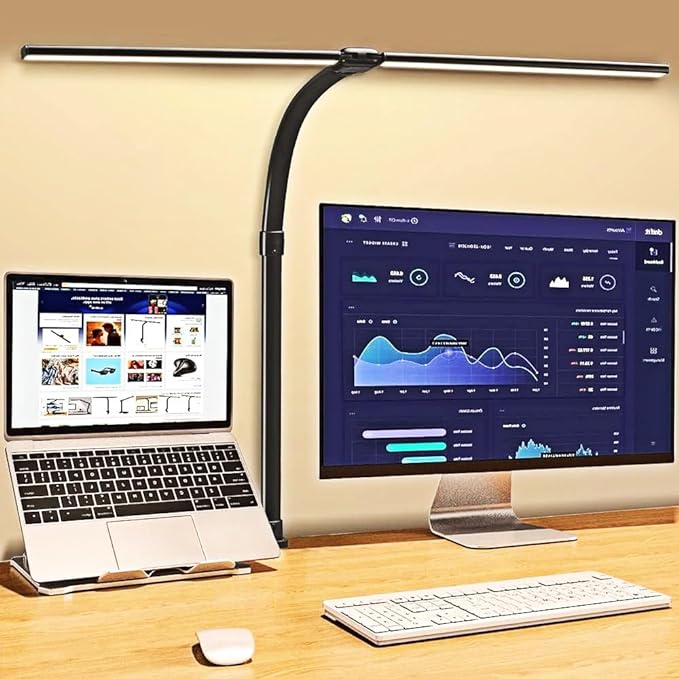 Led Desk Lamp for Office Home - 24W Double Head Architect Desk Light with Clamp & Timer, Eye Caring Folding Table Lamp Gaming Desktop Computer LED Lights Desk Supplies for Workbench Studing Drafting