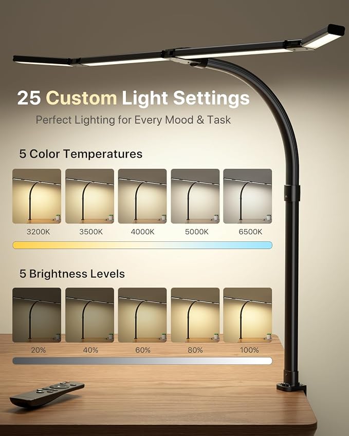 ONEMIX 42-Inch LED Desk Lamp for Dual Monitors with Clamp and Remote | 4 Adjustable Panels for Focused or Wide-Area Light, 1800LM, Flexible Gooseneck, 5 Color Temps, 5 Brightness Levels, Timer