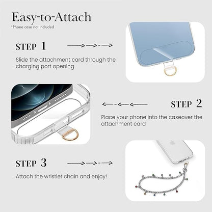 Phone Charm Wrist Strap Silver Metal Chain Detachable Lanyard Hand Wristlet Fashion Shine Finger Grip Anti-drop with 2 Tether Tab for Women Girls Universal for iPhone 16 Pro Max Colorful Gem