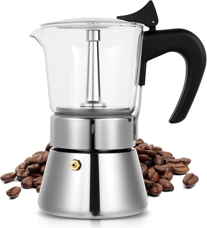 6 Cup 300ml Glass Moka Pot, Stovetop Espresso Maker, Silver | Crystal Glass-top & Stainless Steel Coffee Maker, Induction Compatible, for Greca de Cafe, Cuban and Italian Coffee Brewing