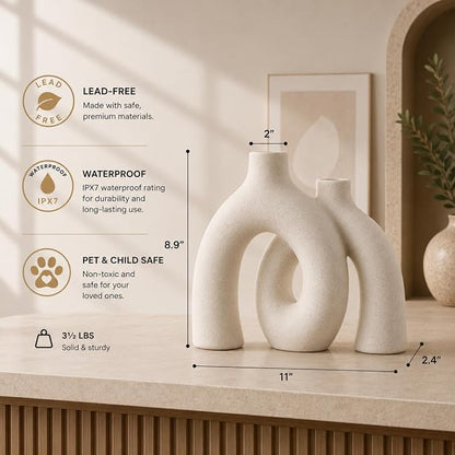 Cream White Decorative Vase Set - Modern Hug Donut Ceramic Vases by JAS & JAX GOODS, Minimalist Boho Style Centerpiece for Console Table, Living Room, Bookshelf, or Fireplace Mantel