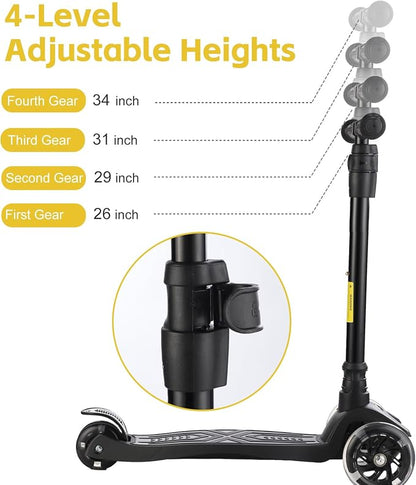 3 Wheel Scooter for Kids Ages 6-12,Kids Scooter with Light Up Wheels, Sturdy Deck Design, and 4 Height Adjustable Suitable for Kid Ages 3-12